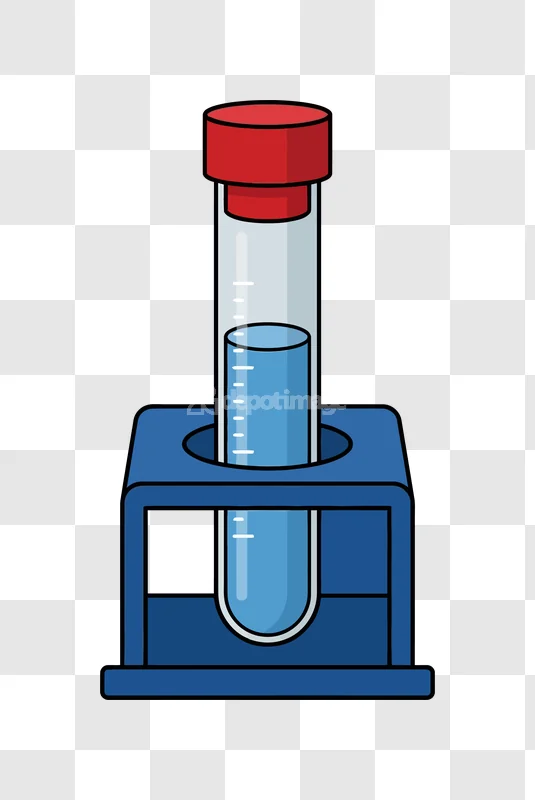 Test Tube With Blue Liquid in Holder cartoon style, red cap, blue liquid, black background