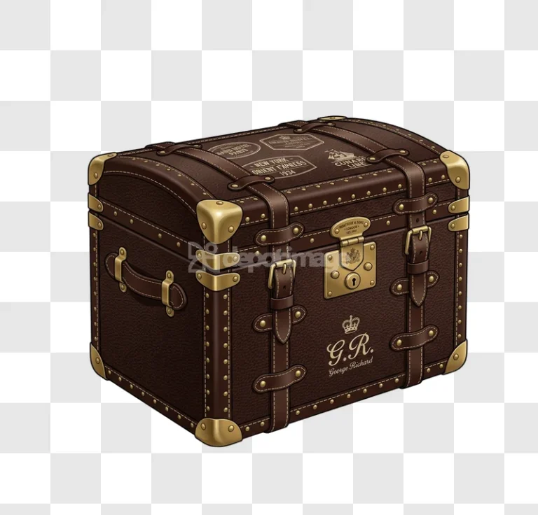 Vintage Brown Leather Travel Trunk Gold Accents detailed illustration transparent background