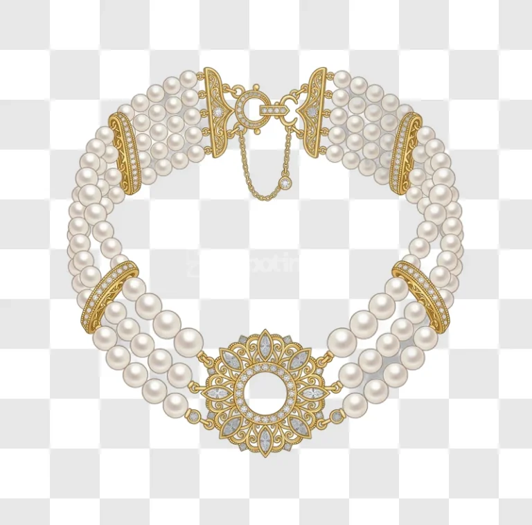 Vintage Pearl Gold Diamond Choker Necklace intricate gold pearls diamonds transparent background