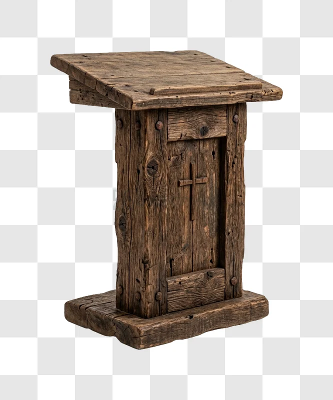 Weathered Wooden Lectern With Carved Cross rustic wood texture, dark brown, carved cross