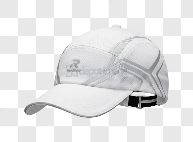 White Polyester Running Cap With Reflective Accent with gray details and 'RUNNER' logo