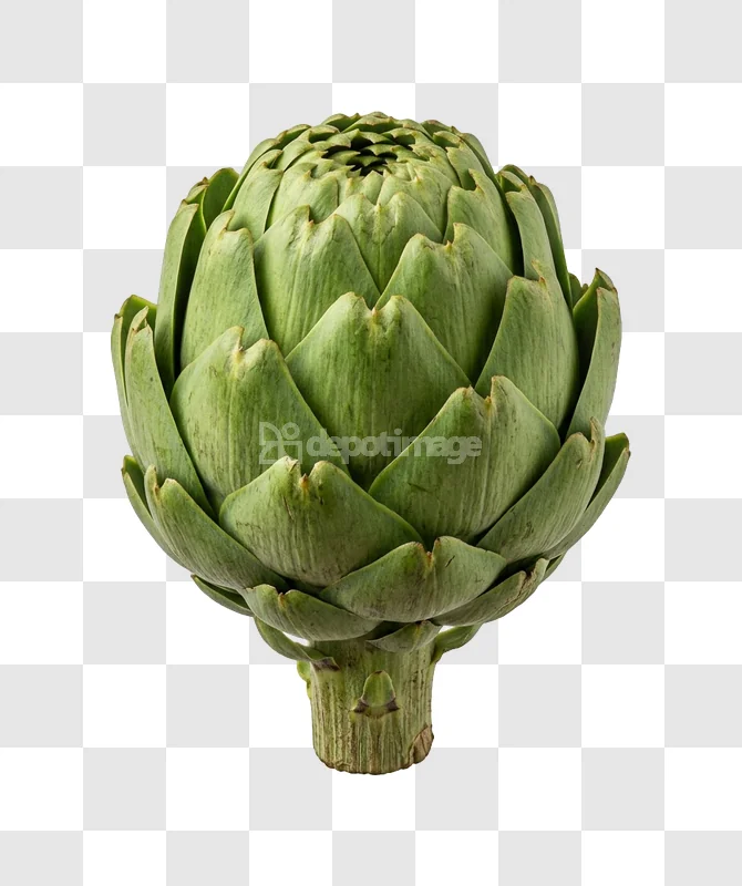 Whole Fresh Green Artichoke vibrant green, detailed leaves, transparent background