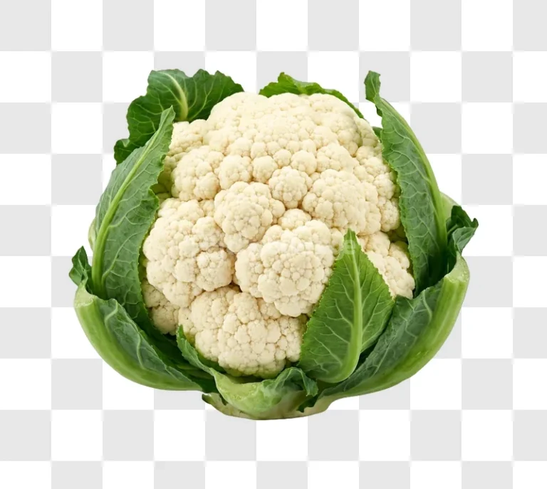 Whole White Cauliflower Green Leaves isolated on transparent background, fresh and vibrant