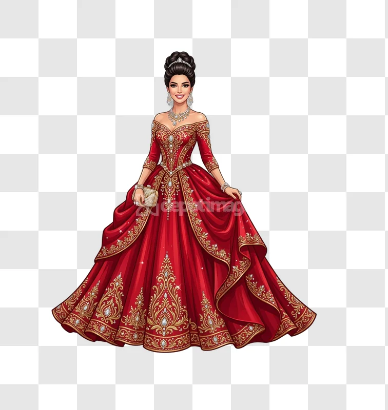 Woman Red Gown Diamond Jewelry Clutch detailed illustration transparent background