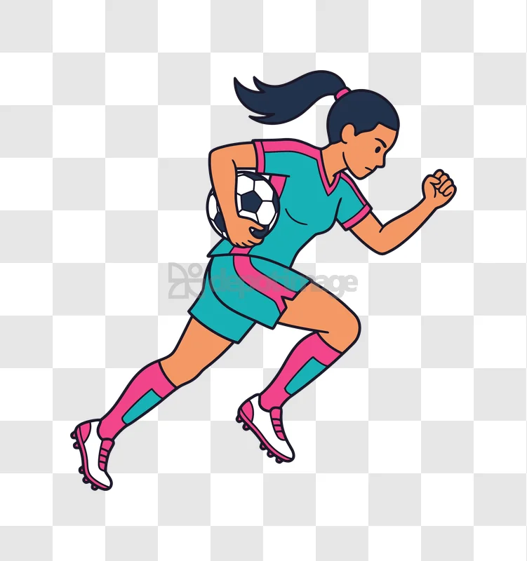 Woman Soccer Player Running With Ball cartoon style teal pink orange