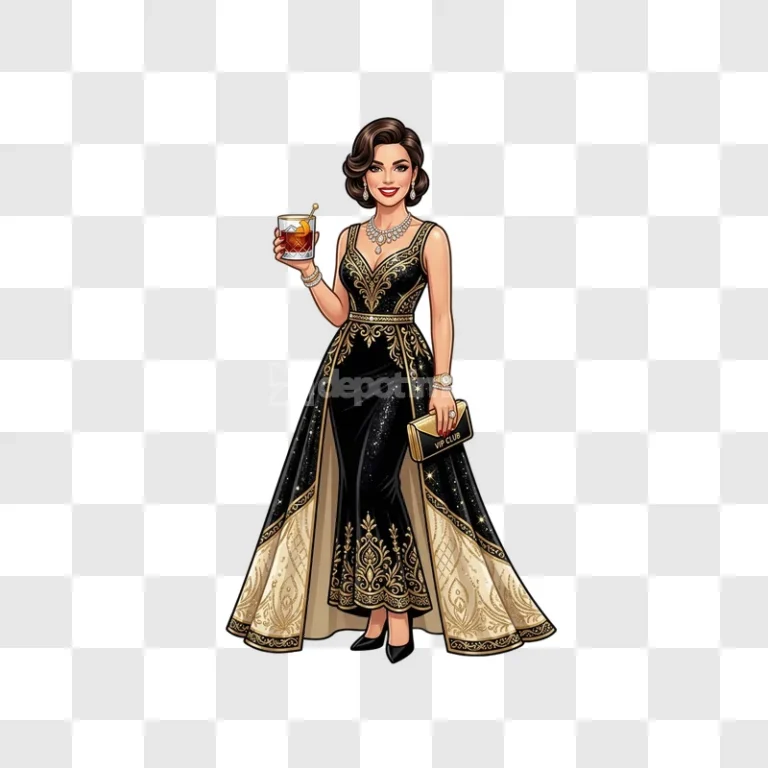 Woman Wearing Gold Diamond Necklace Earrings Watch elegant black gold dress cocktail