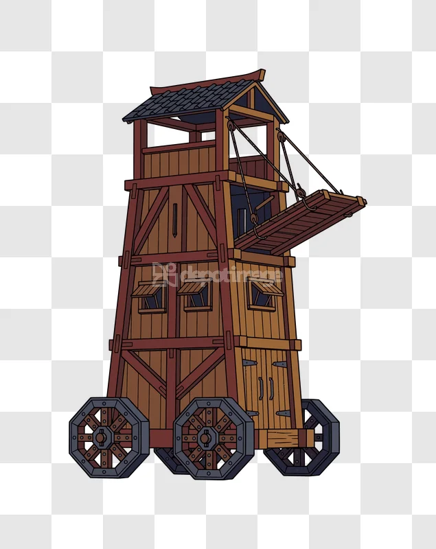 Wooden Siege Tower Drawbridge Wheels Cartoon brown wood blue roof