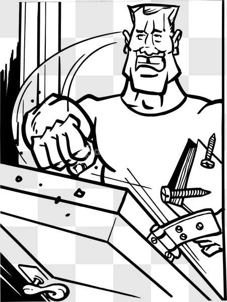 Worker Fist Screws Black White Cartoon Art, stark black and white illustration