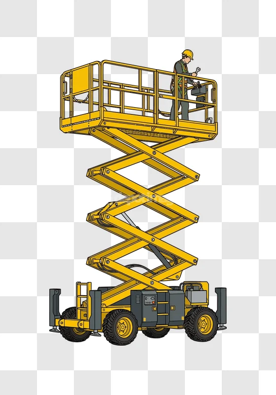 Worker in Safety Gear on Scissor Lift cartoon style yellow equipment