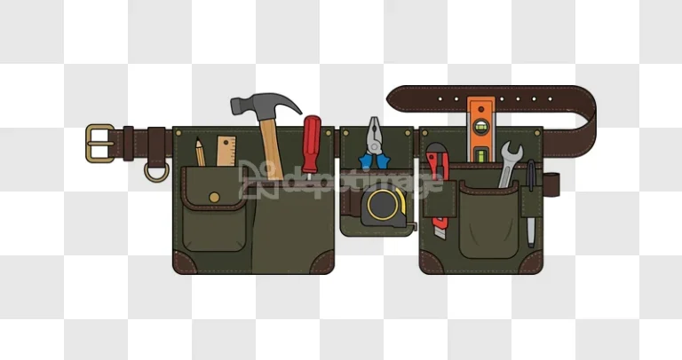 Workers Tool Belt With Tools Displayed flat cartoon style, dark green, brown accents