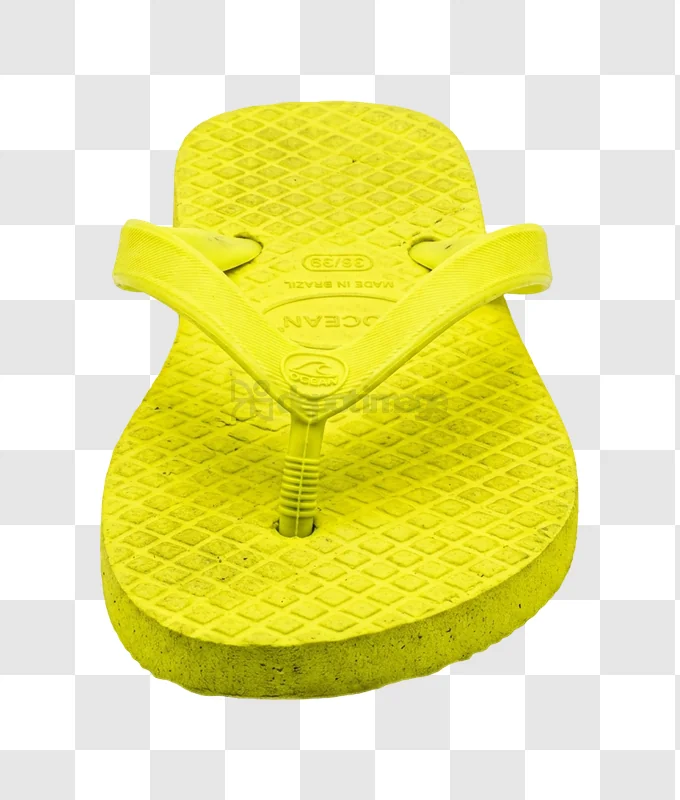 Yellow Flip Flop Close up Elevated View, bright textured sole, rubber strap