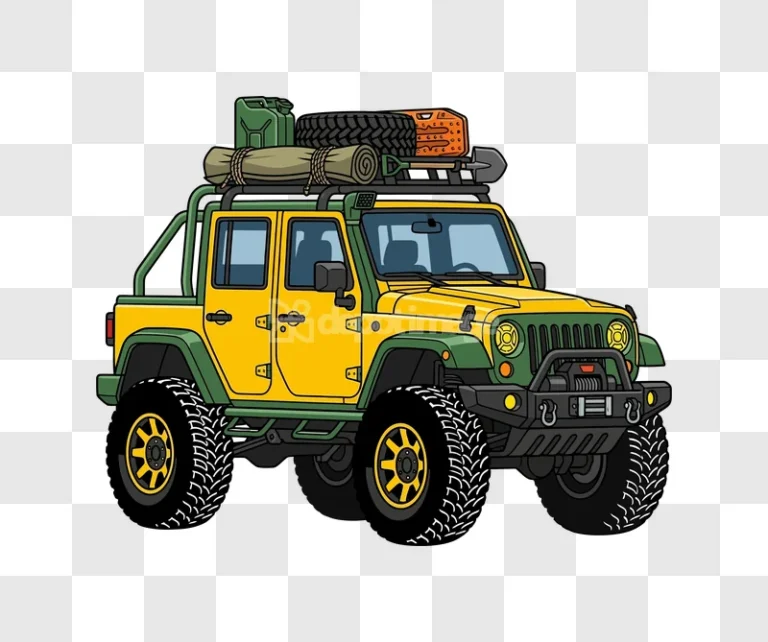 Yellow Green Offroad Jeep Cartoon Art, detailed cartoon style, black background