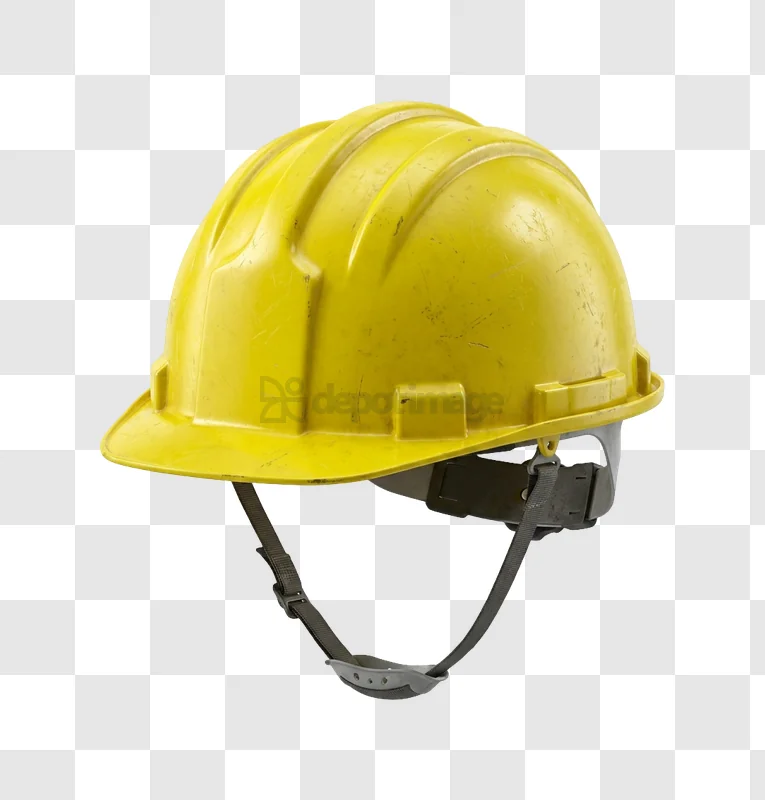 Yellow Hard Hat With Scratch Marks, worn plastic with chin strap