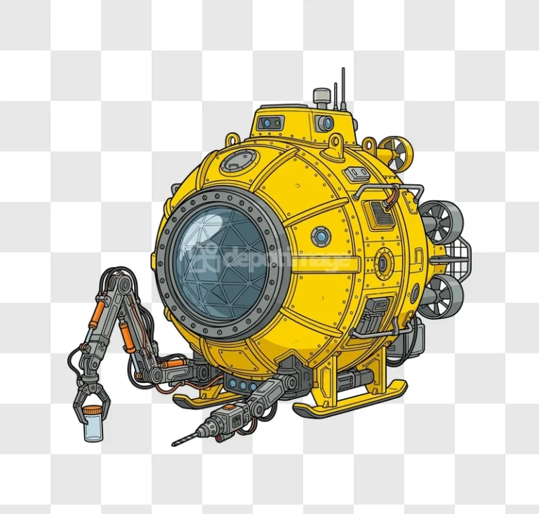 Yellow Submarine With Robotic Arm Holding Jar cartoon style, yellow, transparent background