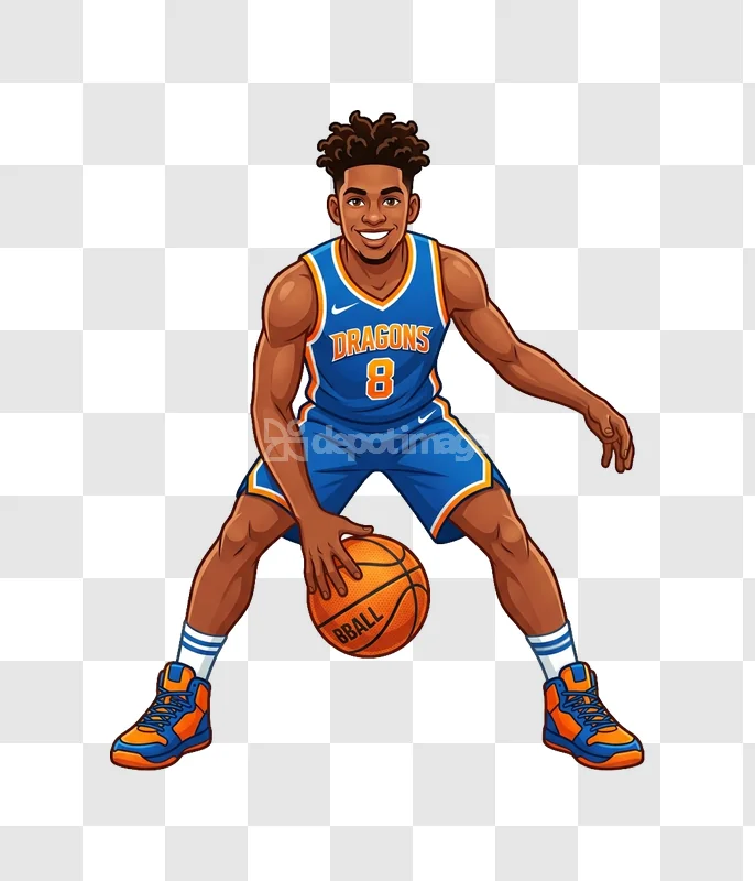 Young Basketball Player Dribbling Ball Cartoon