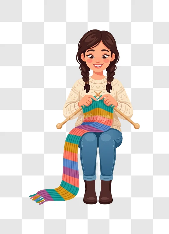 Young Woman Knitting Colorful Striped Scarf