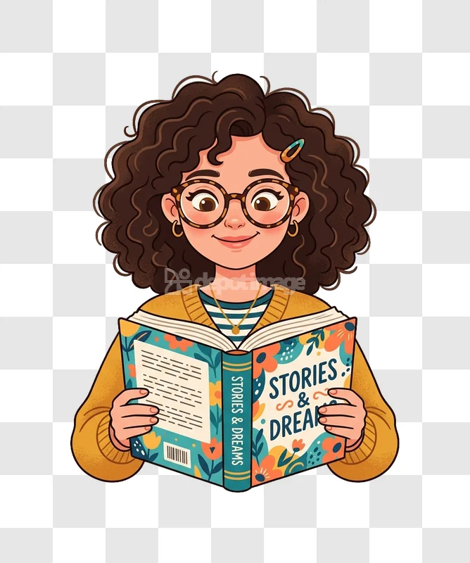 Young Woman Reading Book Curly Hair Glasses