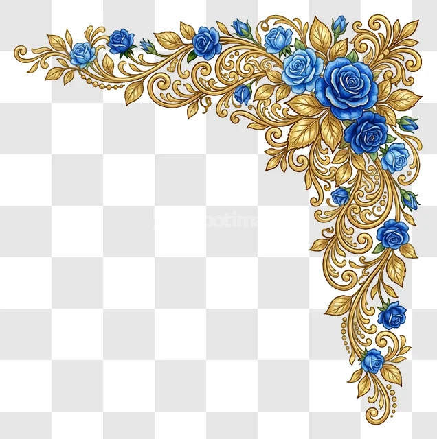 A Corner Decorated With Gold Leaves and Blue Roses