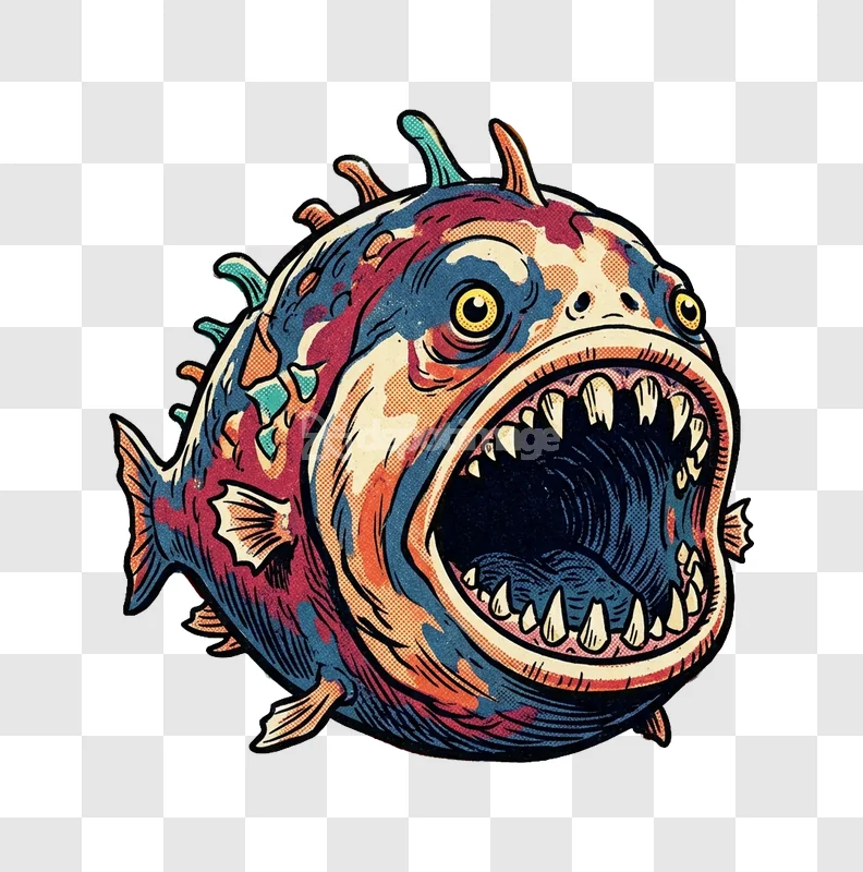 Aggressive Colorful Cartoon Fish Illustration vibrant pop art style black background
