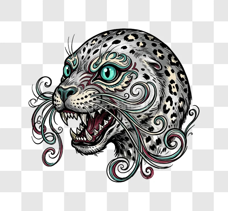 Aggressive Leopard Head Vector Illustration intricate teal maroon white