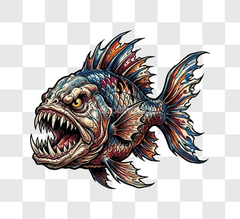Aggressive Piranha Colorful Illustration Cartoon Style, vibrant detailed fierce fish