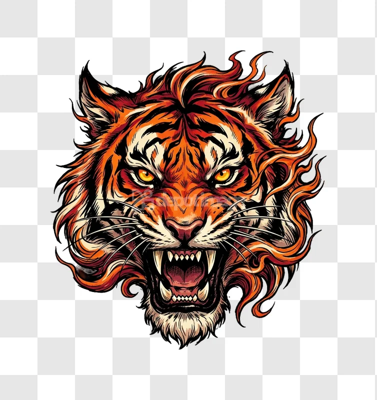 Aggressive Roaring Tiger Head Illustration Flaming Mane