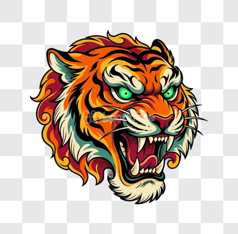 Aggressive Tiger Head Colorful Cartoon Illustration