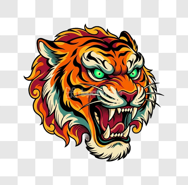 Aggressive Tiger Head Colorful Cartoon Illustration vibrant cartoon style green eyes