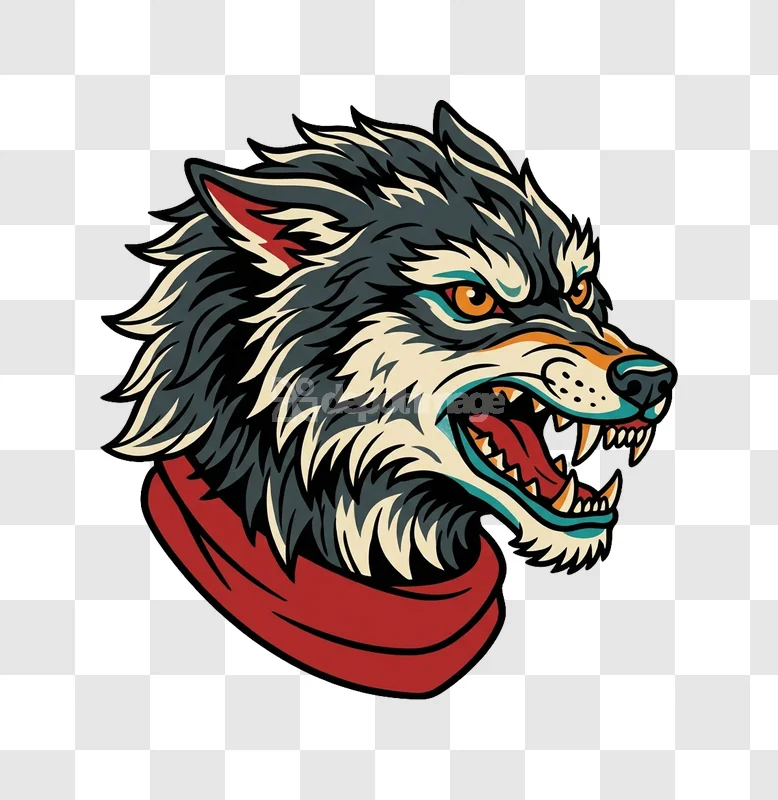 Aggressive Wolf Head Mascot Illustration stylized dark gray cream red