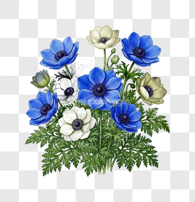 Anemone Flowers Blue White Green Leaves