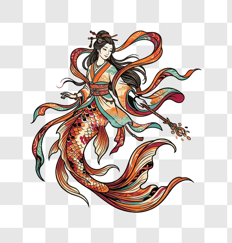 Asian Mermaid Koi Scales Colorful Kimono