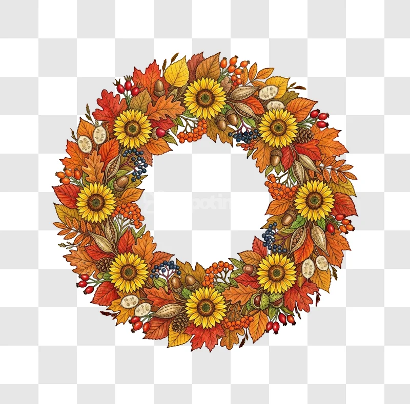 Autumn Sunflower Foliage Wreath Nature Art colorful detailed fall elements transparent