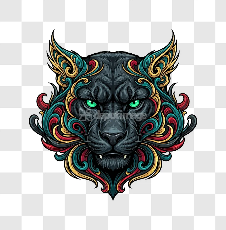 Black Panther Face Ornate Colorful Vector Art intricate colorful patterns