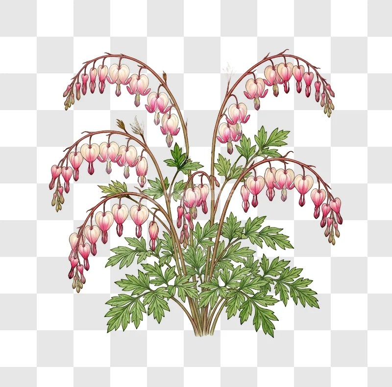 Bleeding Heart Flowers Pink Green Foliage botanical illustration transparent background