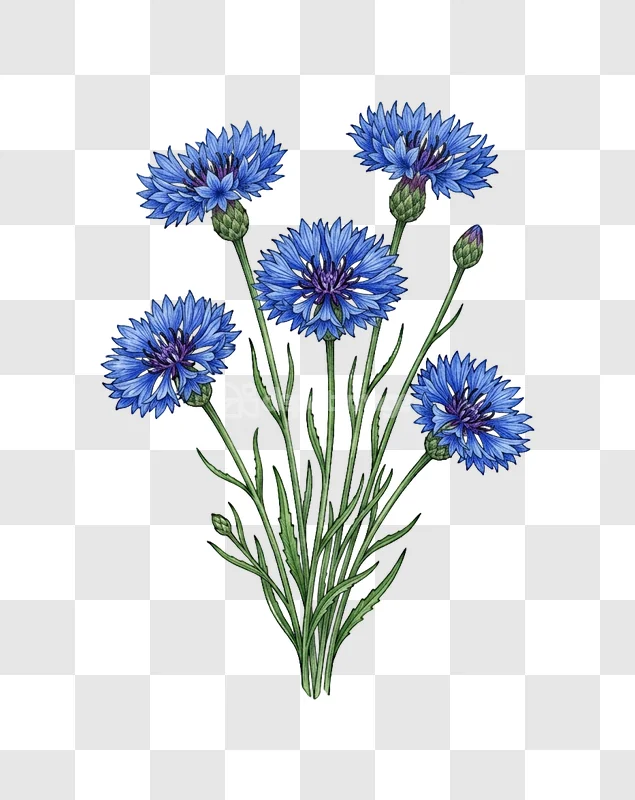 Blue Cornflower Bouquet Watercolor Illustration
