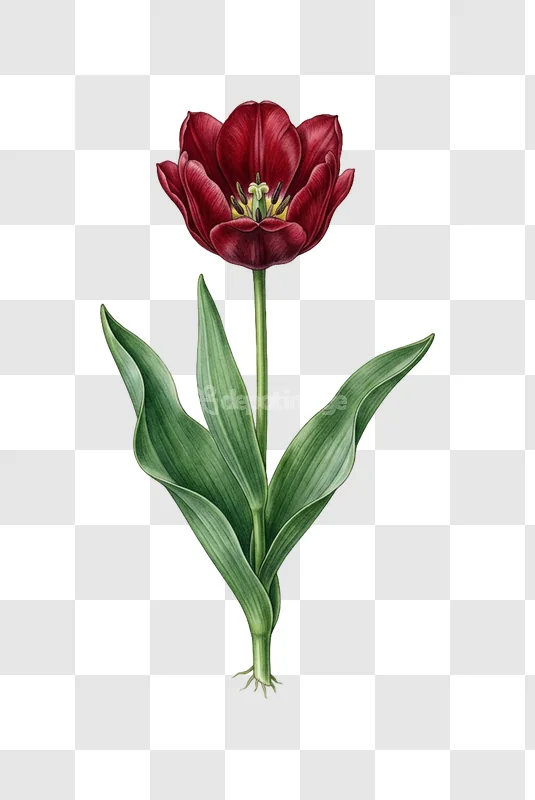 Botanical Drawing Red Tulip Flower Leaves