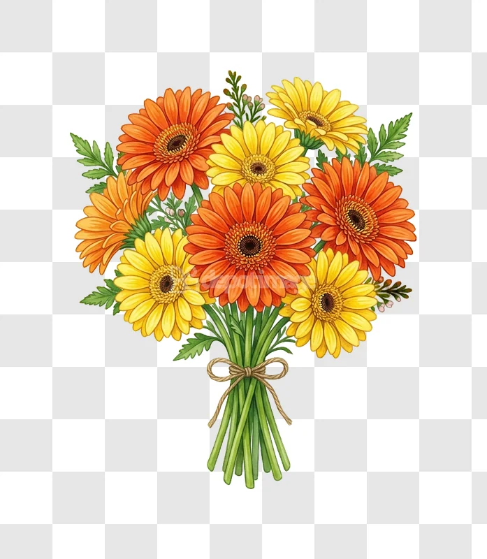 Bouquet Orange Yellow Gerbera Daisies Tied String