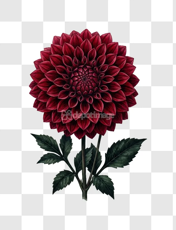 Burgundy Dahlia Flower Green Leaves Detail