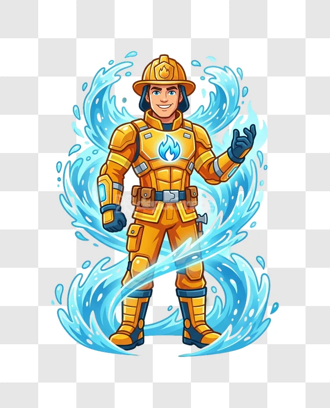 Cartoon Firefighter Blue Water Splash