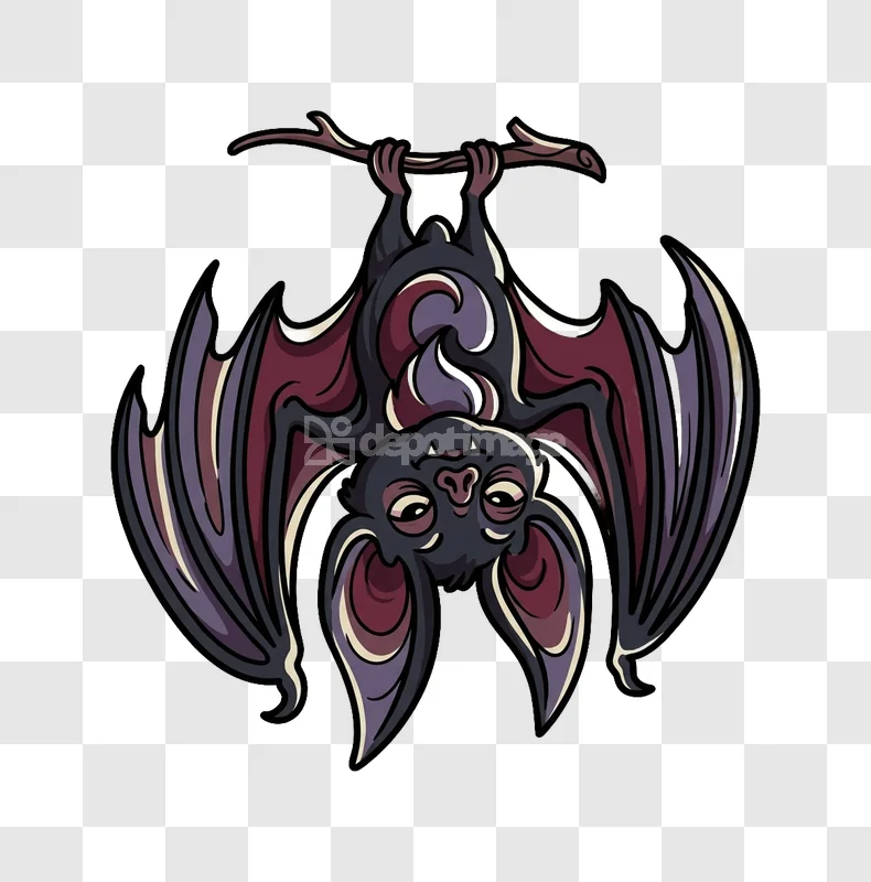 Cartoon Hanging Bat Dark Purple Red Wings stylized illustration transparent background