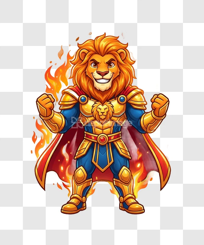 Cartoon Lion Warrior Armor Flames