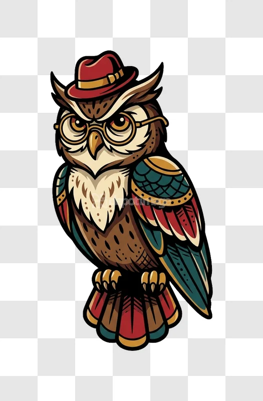 Cartoon Owl Red Fedora Glasses Vector