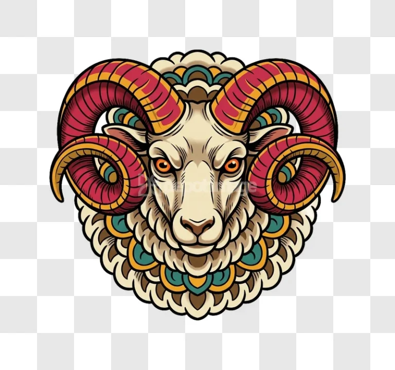 Cartoon Ram Head Mandala Tattoo Style