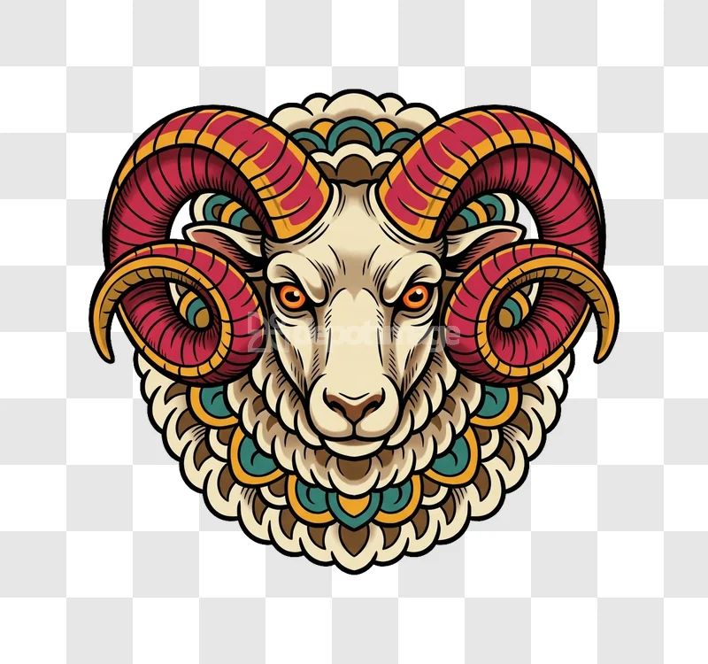 Cartoon Ram Head Mandala Tattoo Style colorful ornate design black background