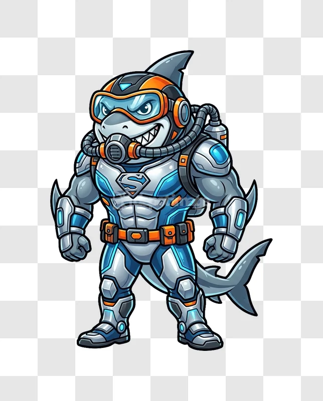 Cartoon Shark Diver Suit Superhero