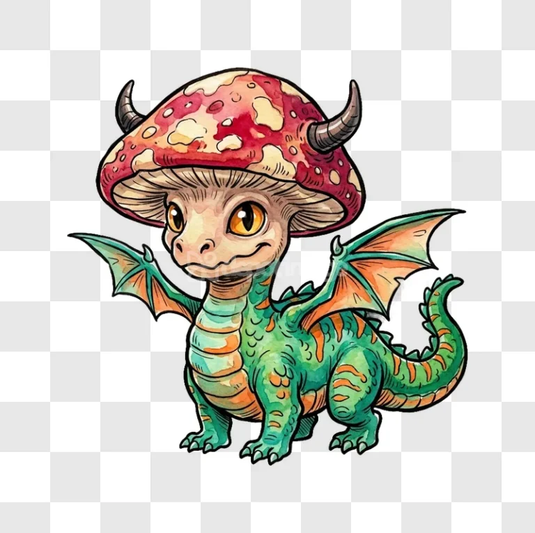 Chibi Mushroom Dragon Watercolor Art