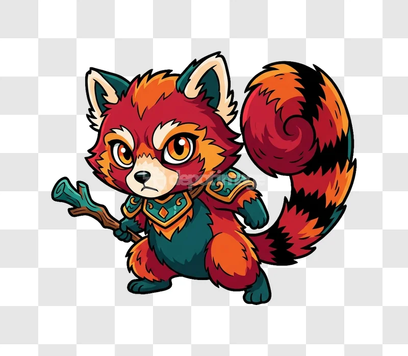 Chibi Red Panda Warrior Staff Cute Vector vibrant cartoon style transparent background