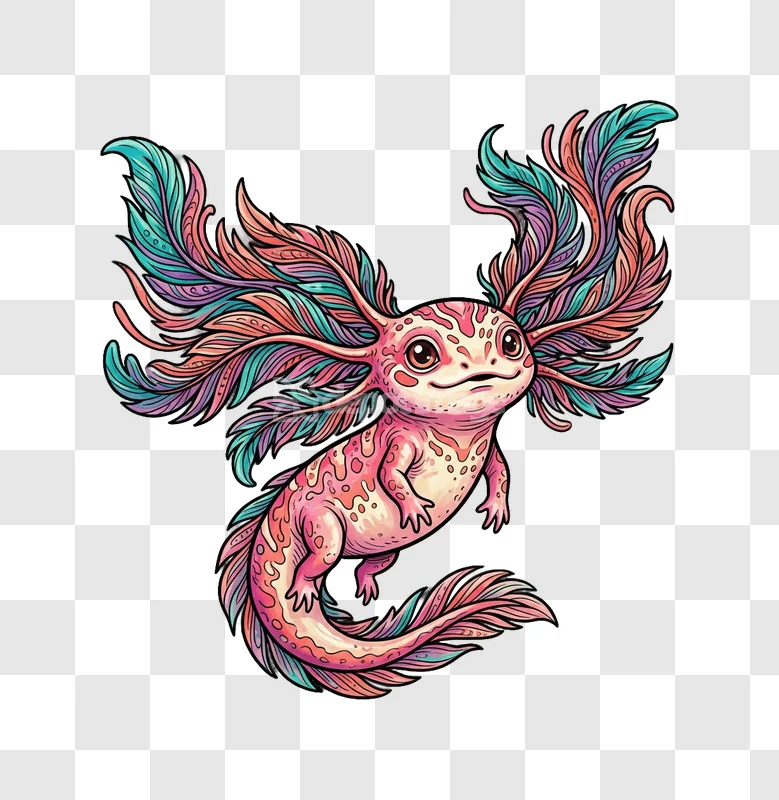 Colorful Axolotl Cartoon Vector Art whimsical pink scales feathery gills