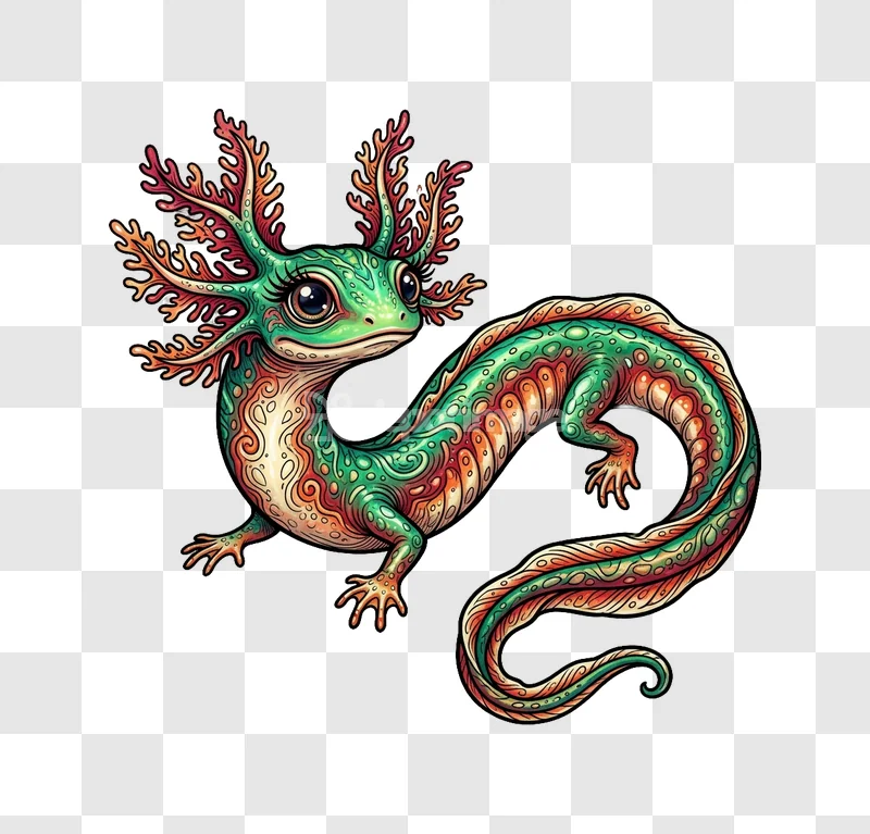 Colorful Axolotl Fantasy Creature Illustration vibrant green orange red patterns