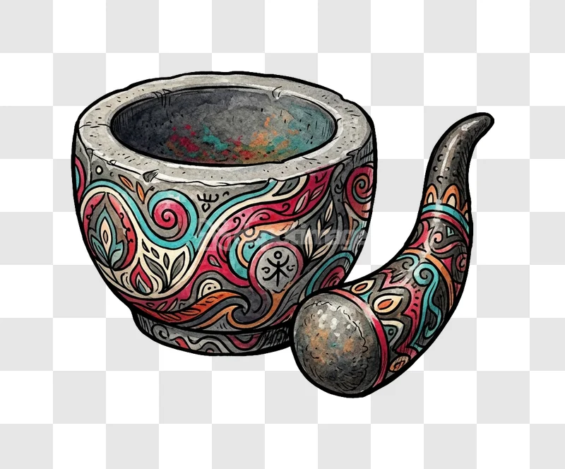 Colorful Decorative Mortar Pestle Illustration watercolor style vibrant patterns transparent background